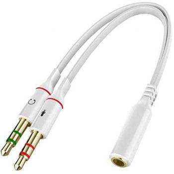 Cable Divisor Blanco 1 Mini Jack 3.5mm Hembra TRRS a 2 AUX Macho TRS - Splitter y Separador de Audio para Auriculares y Micrófono