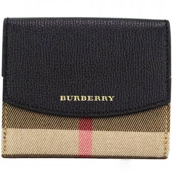 Burberry Luna Black Grained Leather House Check Canvas Coin Pouch Snap Wallet