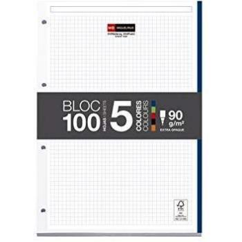 Miquelrius - Bloc Recambio Hojas Encoladas, 5 Franjas de Colores Intensos, 100 Hojas Cuadriculadas de 5 mm, Tamaño A4, Papel 90 g, con 4 Taladros