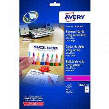 Avery España C32026-25Caja de 250 tarjetas visitas blancas satinadas doble cara