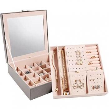 Tikea Joyero Grande, Estuche Joyas de Almacenamiento, 26x26x9cm, 2 Capas Caja de Joyas con Espejo, Organizador de Joyas para Anillo de Pendientes Collar Pulsera