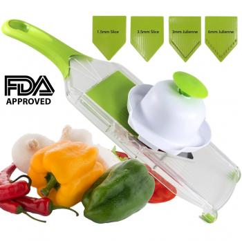 Mandolina de Cocina con Hoja en V por Four Seasons. Incluye Cuatro Diferentes Inserciones. Mejor para Comida, Frutas, Verduras y Queso. Verde y Claro.