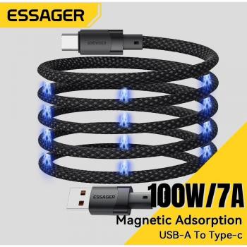 Cable de carga rápida Essager 7A USB A a Tipo C 100W con succión magnética y diseño antibobinado para datos, compatible con Samsung, OPPO, OnePlus y Realme