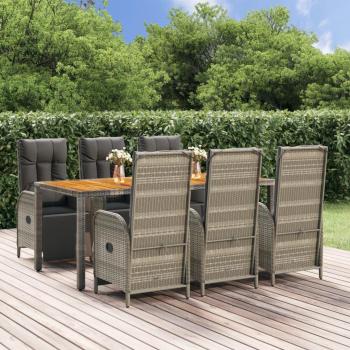 Set de Comedor de Jardín 7 Piezas con Cojines de Polyrattan Gris
