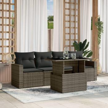 5-Piece Grey Poly Rattan Garden Sofa Set with Cushions