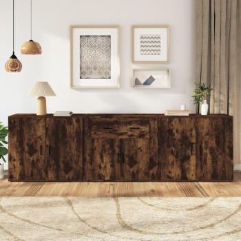 Aparador 3 piezas de madera contrachapada en color roble ahumado, mueble de almacenaje moderno para salón con armarios con puertas y cajón de madera
