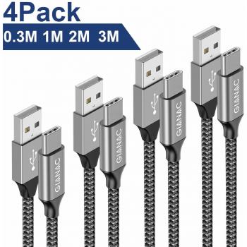 GIANAC Cable USB Tipo C, (4 Pack) 0.3M+1M+2M+3M Cargador Tipo C de Nylon Trenzado Carga Rápida y Sincronización de Datos Cable para Samsung S9/S8/Note8, A5(2017), Mi A1, Huawei P10/P20,Moto G6-Gris