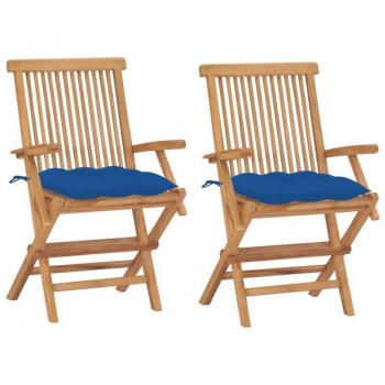 Teak Garden Chairs with Blue Cushions - Set of 2