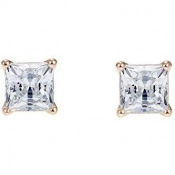 Pendientes de botón Attract, Cristal cuadrado pequeño, Blanco, Baño rosa y dorado