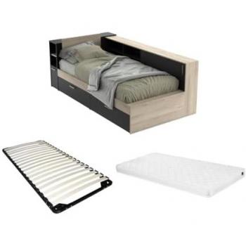 Cama 90 x 200 con compartimentos - Negro y natural + Somier + Colchón - LIARA