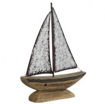 Figura Decorativa Home ESPRIT Blanco Natural Velero Acabado Envejecido 26 x 6 x 34 cm