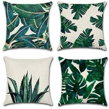 ISIYINER Fundas de Cojín Paquete de 4 Lino Impreso Decorativa Caso de Almohada Cuadrado Fundas de Almohada Serie de Hojas Tropicales para Sofá Coche Cama 45 cm x 45 cm