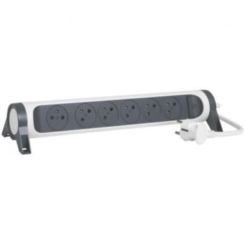 Regleta de enchufes profesional con 6 tomas 2P+T, bloque rotativo, interruptor y cable de 3m - blanco y gris oscuro
