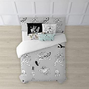 Funda Nórdica Looney Tunes 100% Algodón con Botones para Cama de 180 (260x240 cm) - Modelo Looney Black & White - Extrasuave - Made in Spain