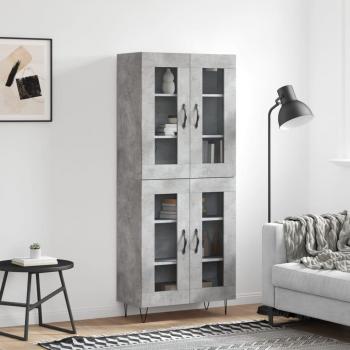 Aparador Alto Moderno de Madera Contrachapada Color Gris Cemento 69,5x34x180 cm con 2 Puertas de Cristal y Cajón para Almacenaje