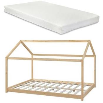 Cama para niños Cerro en forma de casa con colchón 140x200cm - Madera natural