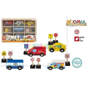 Set de Vehículos y Señales de Tráfico WOOMAX, Madera, 8 Piezas, Incluye 8 Señales, para Niños +18 Meses, Dimensiones 280 x 45 x