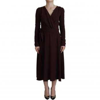 Brown Wrap Long Sleeve Midi Stretch Dress