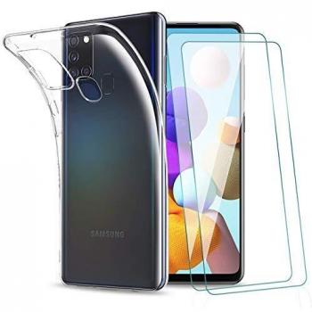 KEEPXYZ Funda para Samsung Galaxy A21S + 2 Pcs Protector de Pantalla para Samsung Galaxy A21S Cristal Templado, Flexible Suave Silicona Transparente TPU Carcasa + Vidrio Templado para Samsung A21s