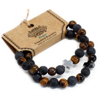 Pulseras de Amistad - Poder - Set de 2 Pulseras con Gemas: Ojo de Tigre y Piedra Negra