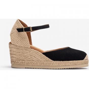Alpargatas de cuña de mujer de piel ligeras - Negro Talla 40