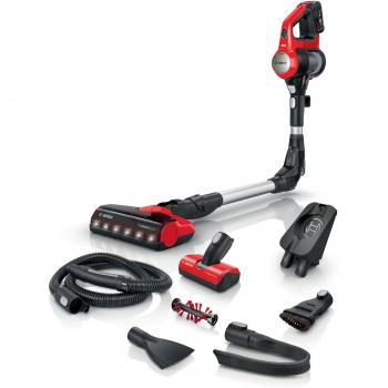 Aspirador escoba Bosch BCS711PET ProAnimal con batería de 18 V y autonomía de 40 minutos, accesorios incluidos en color negro y rojo