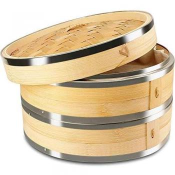 KYONANO Vaporera de bambú, Cesta de bambú - 24cm, para arroz, Dim Sum, Verduras, Pescado y Carne, Recipiente Tradicional para la cocción al Vapor, 2 Pisos y 1 Tapa