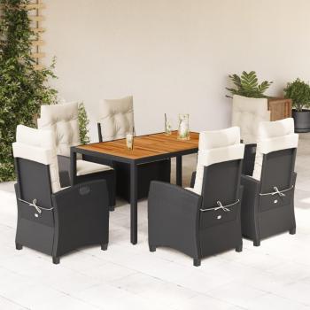 7-Piece Black Poly Rattan Garden Dining Set with Cushions