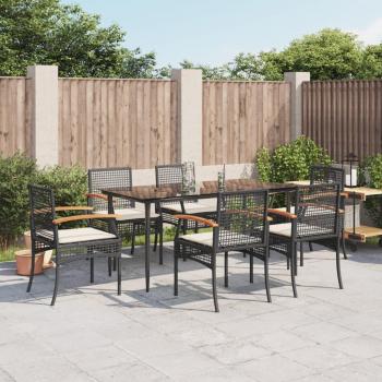 7 Piece Black Poly Rattan Garden Dining Set with Cushions