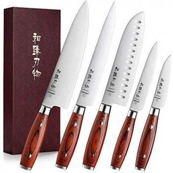 HEZHEN Basic Series-Juego De 5 Cuchillos De Cocina,Afilado y Duradero,Prof Alemán De Acero Con Alto Contenido De Carbono,Cuchillo Chef,Cortador,Santoku,Cuchillo Universal Frutas,Mango De Madera.