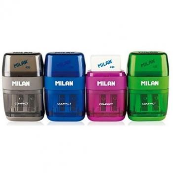Milan 4703116 - Set de 16 Afilaborras Compactos en Colores Surtidos con Cuchilla de Acero y Goma de Borrar Incorporada