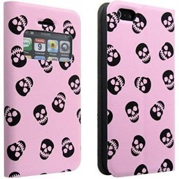 niceeshop(TM) Rosa Funda Carcasa Case de Cuero de Soporte Plegable de Polvo Brillo Cráneo de Ventana Viata con Tarjeta para iPhone 5 5S con una protector de pantalla
