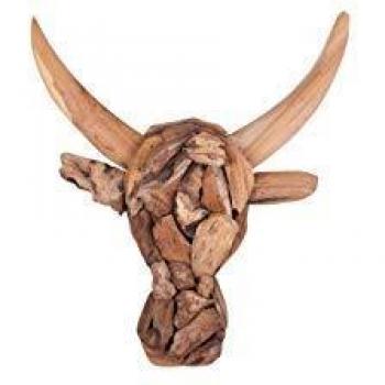 Cabeza de Toro Decorativa de Pared en Madera Clara de Teca 34 x 28 cm Estilo Rústico