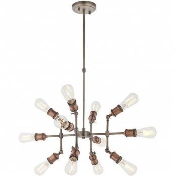 Plafón Hal 12 bombillas Acero cobre envejecido, placa peltre envejecido - Lámpara colgante grande de estilo industrial con varios brazos, estaño envejecido y cobre con cabezas ajustables