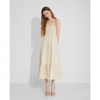 NAËLLE - Vestido midi lurex con volante en bajo, nido de abeja en parte superior y tirantes atados