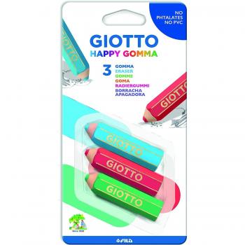 Giotto Happy Goma Pack de 3 Gomas de Borrar - Plástico - Colores Surtidos