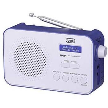 Radio Portátil DAB/DAB+ Trevi 7F92 R, Pantalla Dot Matrix Alta Legibilidad, Reloj con 2 Alarmas Programables, Batería Recargable de Litio, Azul y Blanco