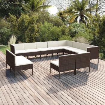 12-Piece Brown Poly Rattan Garden Lounge Set with Cushions