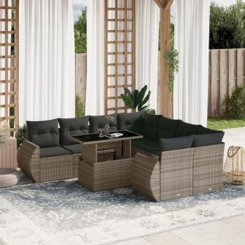 9-Piece Grey Poly Rattan Garden Sofa Set with Cushions