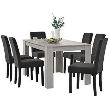 Set de Comedor Kramfors con Mesa de MDF y 6 Sillas Tapizadas en Textil Gris Oscuro - 140 x 90 cm