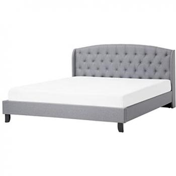 Cama matrimonial tapizada en tejido gris claro 180x200 cm con somier y cabecero acolchado Bordeaux
