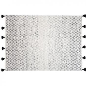 Alfombra de lana blanca y negra 140 x 200 cm con borlas, patrón geométrico de diamantes, tejida a mano Gemlik