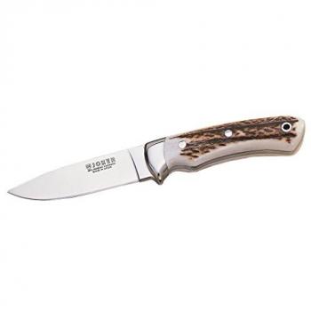 Cuchillo de Caza Enterizo Joker Pantera CC16, Hoja MOVA 9,5 cm, Mango de Asta de Ciervo, Funda de Cuero Marrón para Pesca, Caza, Camping y