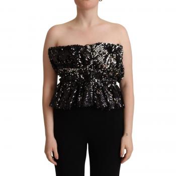Black Sequined Polyester Strapless Cocktail Blouse Top - IT42|M