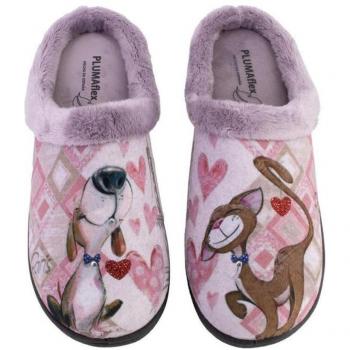 Zapatillas de casa de mujer malva PLUMAFLEX 12213PERRO-GATO