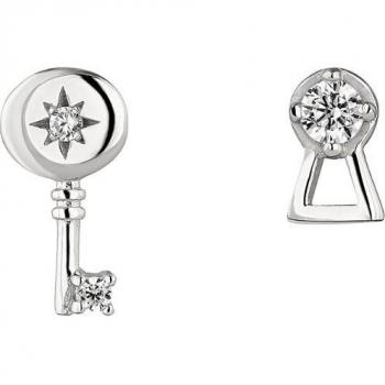 Pendientes asimétricos Lock and Key Amulet de plata bañados en rodio