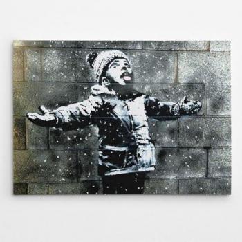 Impresión sobre Lienzo Banksy Niño Bajo la Nieve, Poliéster, Madera, Blanco y Negro, 100x3x70 cm