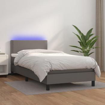 Cama box spring con colchón y LED de cuero sintético gris 100x200 cm