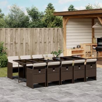 11-Piece Brown Poly Rattan Garden Dining Set with Cushions