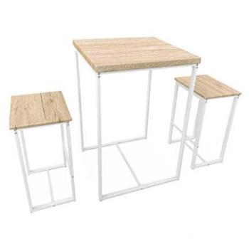 Juego de mesa alta con 2 taburetes de bar - Loft, Blanco, dimensiones 60x60x88 cm, decoración de Acero y Madera, diseño empotrado